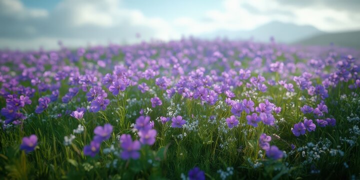 Vibrant purple flowers in a sunlit meadow with lush greenery and distant mountains under a clear blue sky - Powered by Adobe