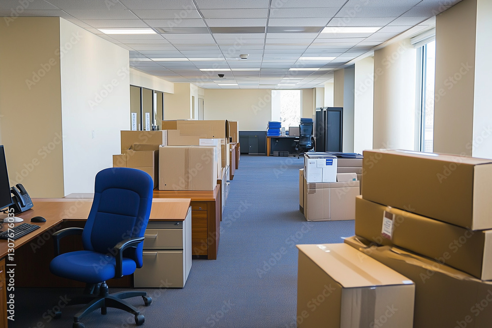 Poster large open office space with boxes stacked in the background. the room is empty and has a feeling of