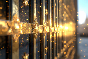 Ornate golden gate at sunrise, sparkling dust motes in the air, blurred city background; ideal for luxury, elegance, or success concepts