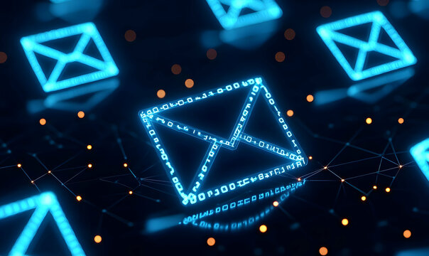 Digital Communication Concept with Email Icons and Binary Code