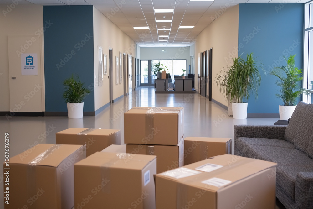 Poster large room with boxes stacked in the corner and a couch in the middle. the room is empty and has a f