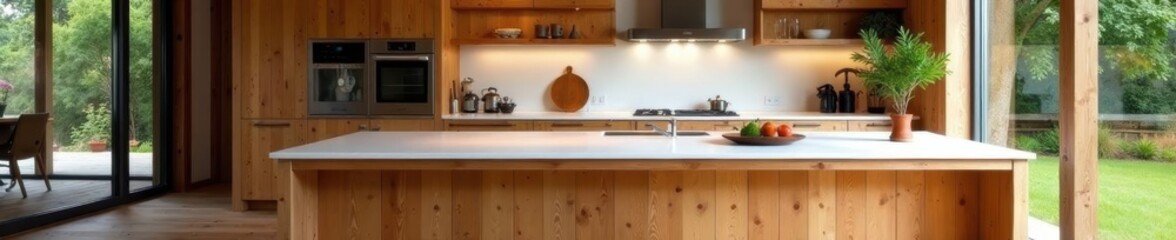 Rustic redwood kitchen features pristine white island bench , bench, red, redwood