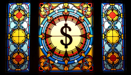 Colorful stained glass window with dollar sign design