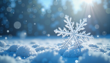 Delicate snowflake on snowy ground with sparkling bokeh and winter scenery