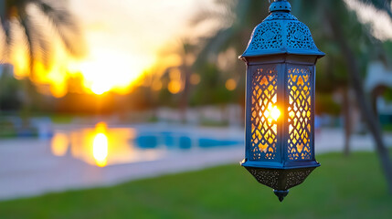 Ornate lantern glowing at sunset near a resort pool; perfect for Ramadan, travel, or hospitality promotions