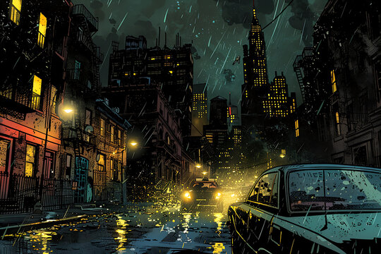 urban comic book art, urban-themed comic book page with dynamic characters, diverse panel sizes, intense emotions, and vivid visuals