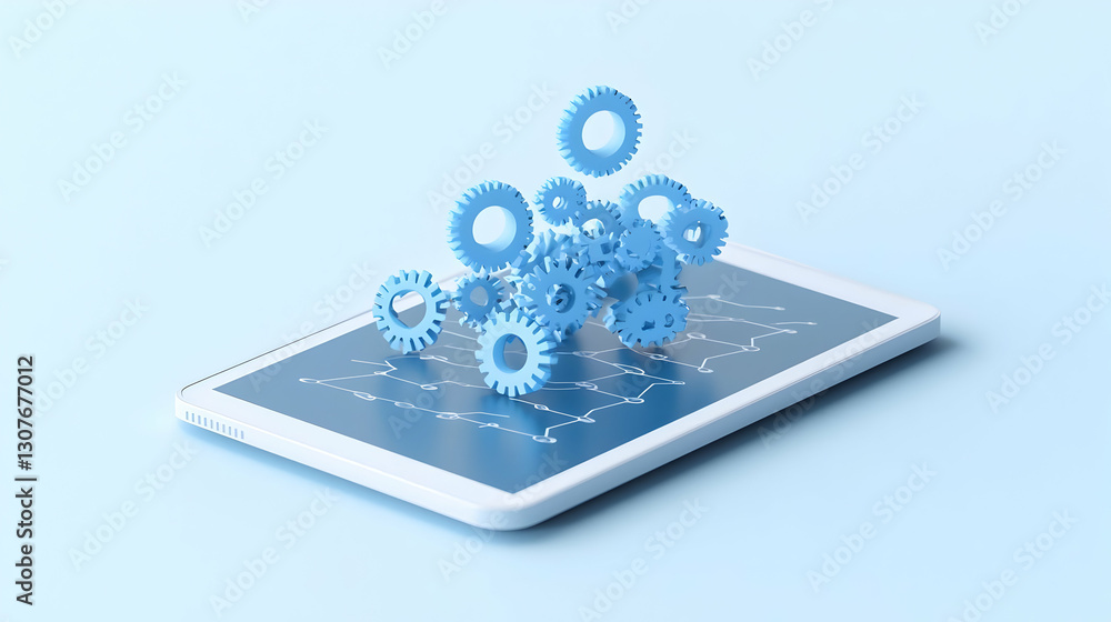 Poster abstract representation of technology with gears and tablet design