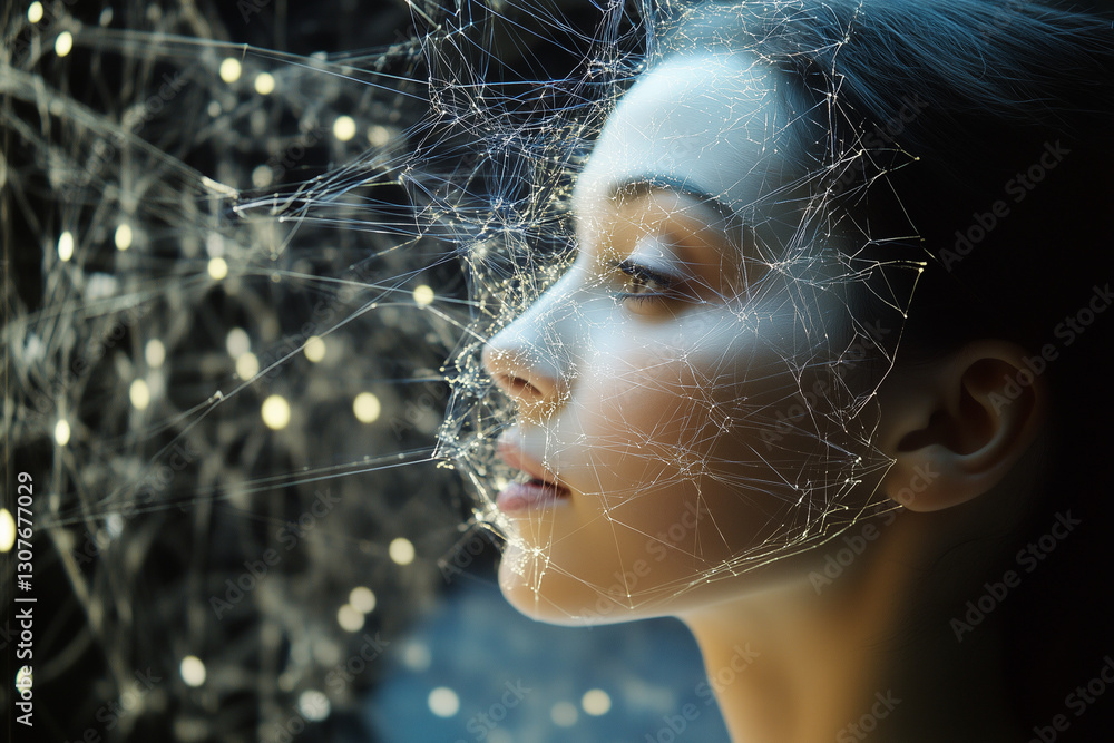 Poster woman's face is shown in a web of lines and dots. the image is abstract and surreal, with a sense of