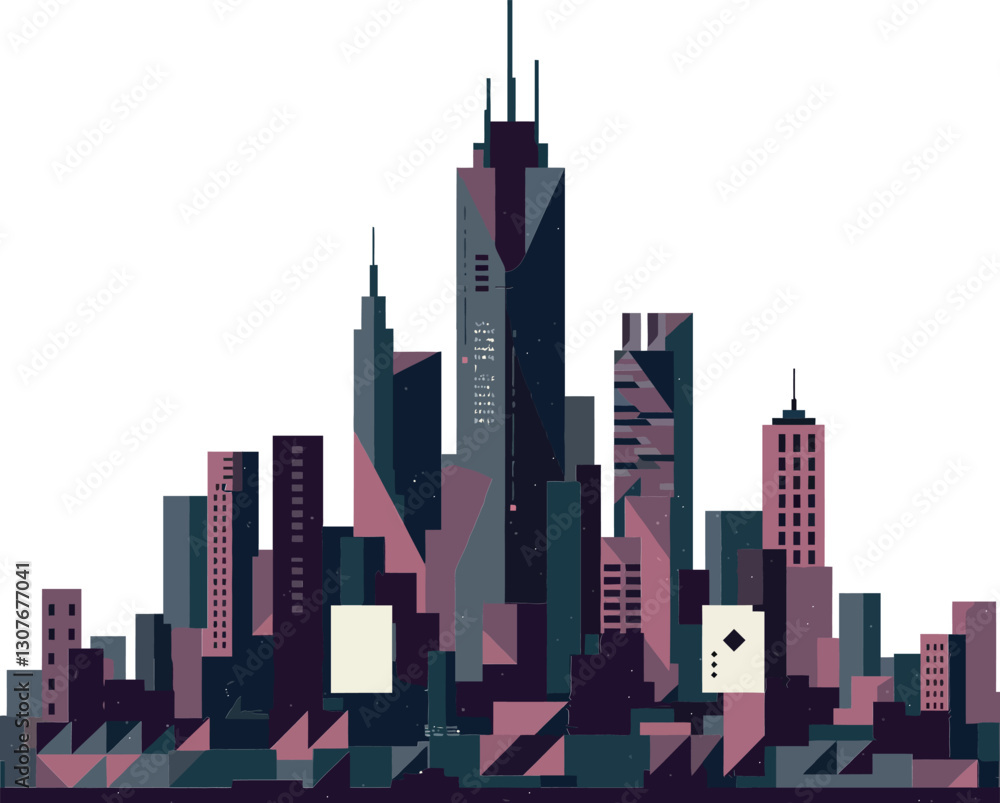 Poster urban skyline featuring modern skyscrapers in a flat design style showcasing dynamic geometric shape