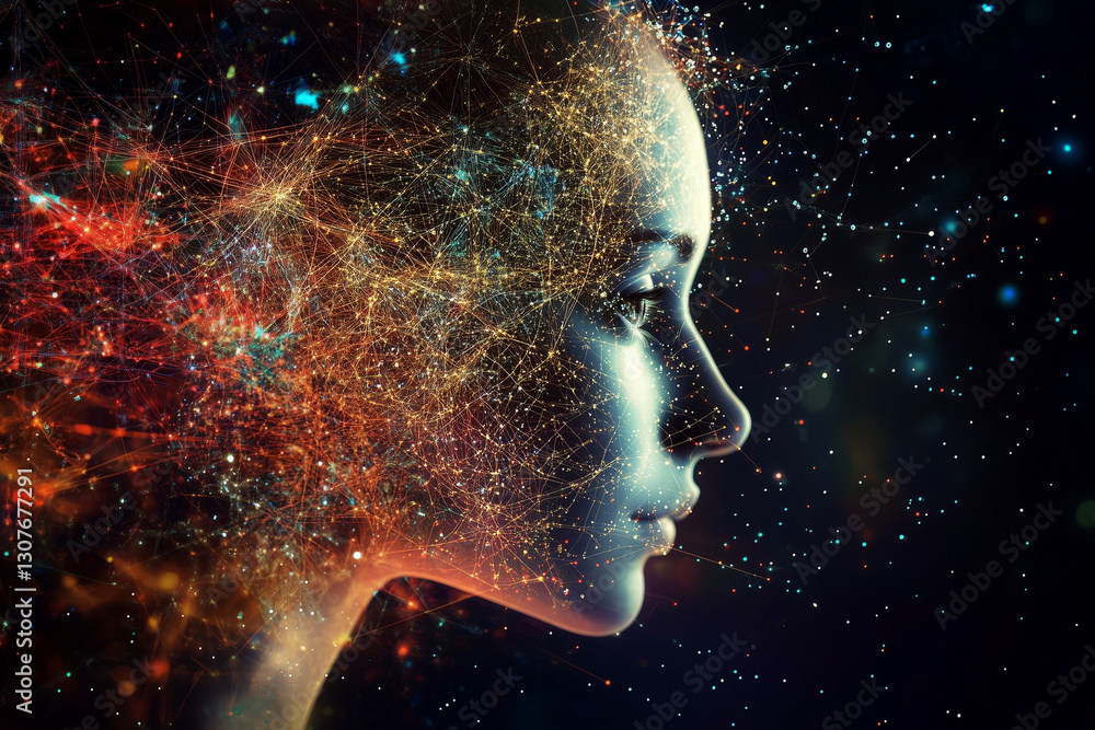 Poster woman's face is shown in a colorful, abstract style. the image is a representation of the idea of th