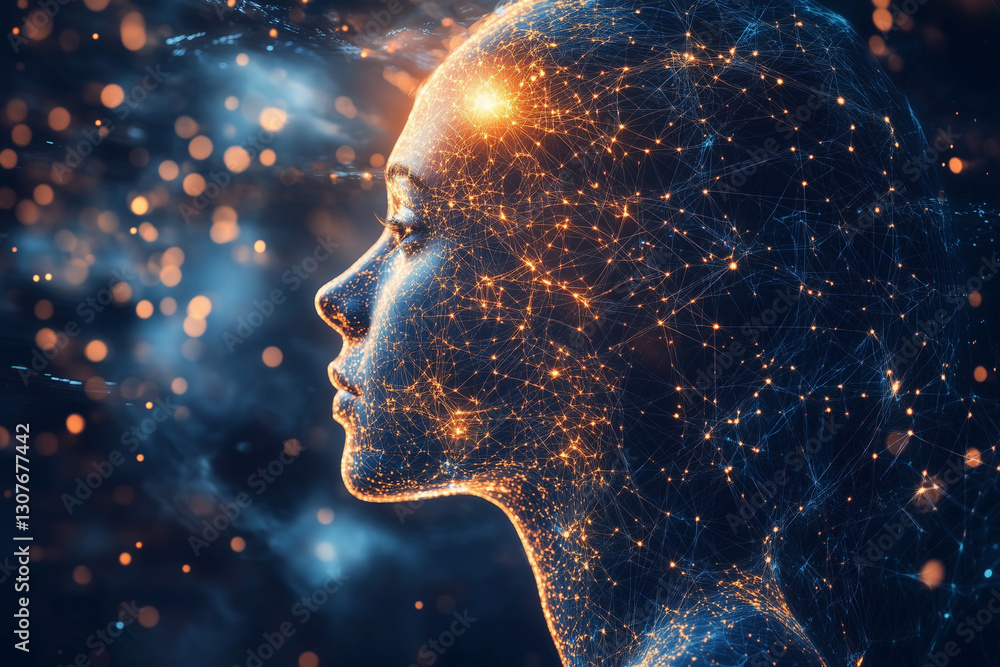 Poster woman's face is shown in a computer generated image with a glowing brain. the image is a representat