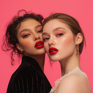 portrait of a two young models with red lipsportrait of a two young models with red lips