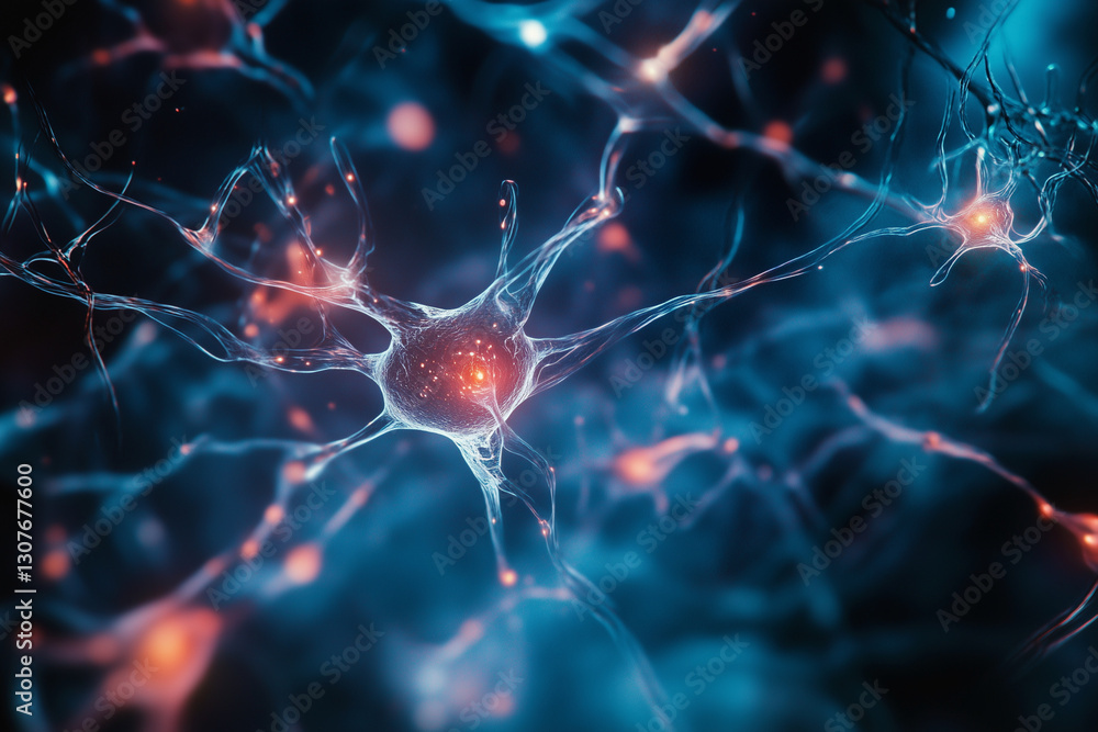 Aufkleber close up of a brain with many neurons. the neurons are blue and red. the image conveys the complexit