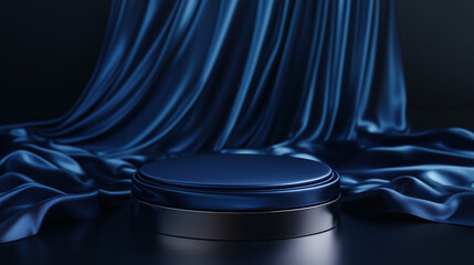 A Podium with a Metallic midnight blue Finish, Luxurious Setting with Satin Fabric Draped in the Background and Soft Warm Lighting, Jewelry or Fashion Accessories copy space