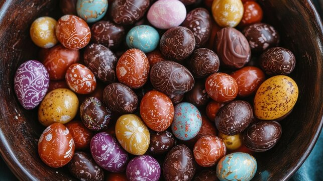 Colorful collection of chocolate eggs in a decorative bowl during Easter celebration