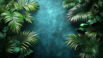 Lush green tropical leaves frame a moody teal backdrop. AI Generated