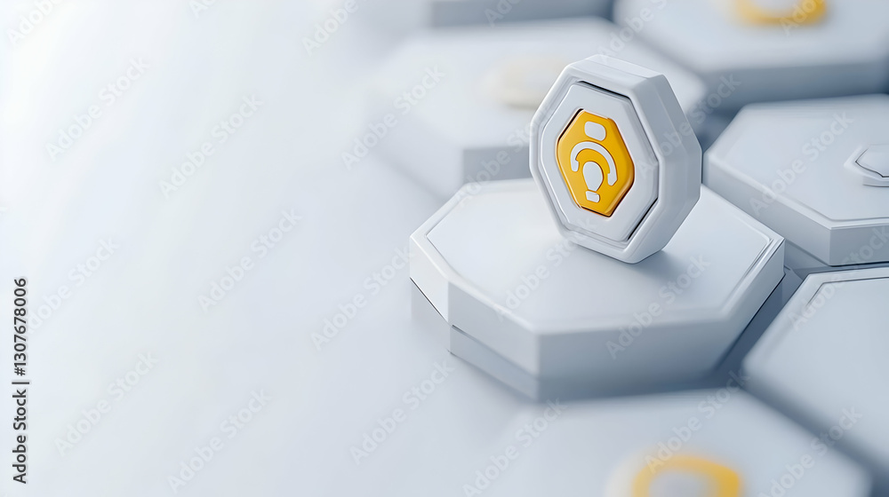 Poster futuristic hexagonal tokens with bright symbols on light background