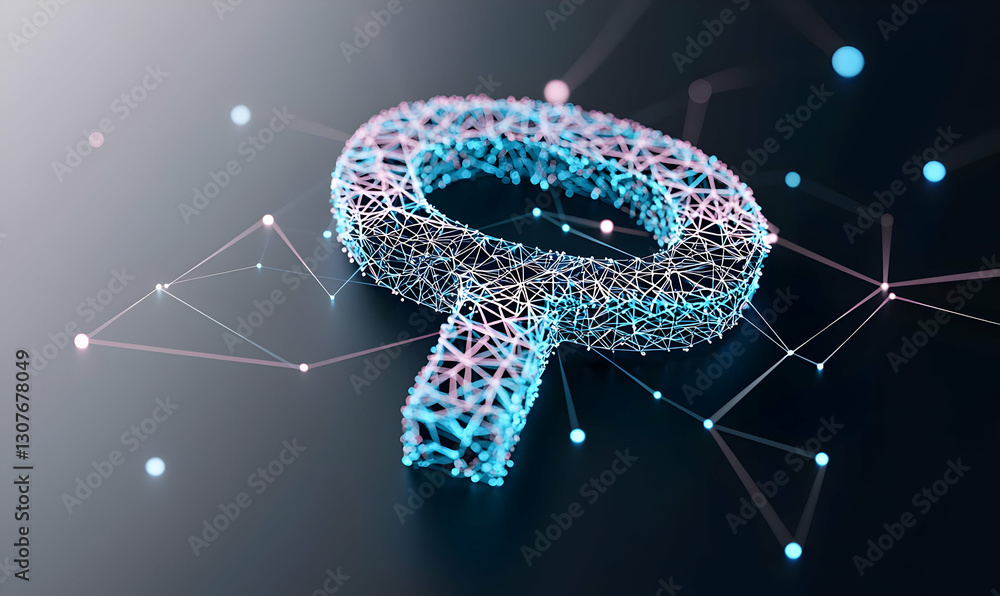 Poster abstract 3d render of magnifying glass with neon wireframe design