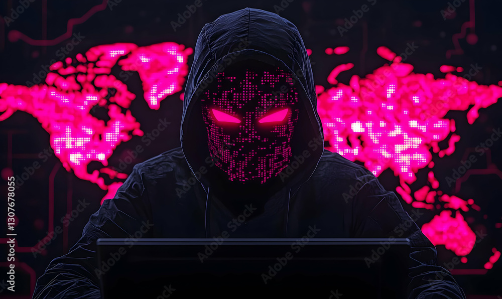 Aufkleber mysterious hacker in dark hoodie with digital world map background