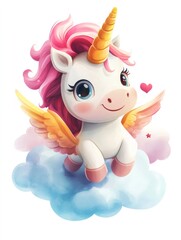 Cute pink haired unicorn flying over a cloud
