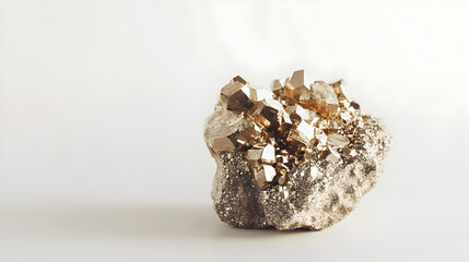 Natural pyrite cluster showcasing its unique golden crystals on a light background in a studio setting
