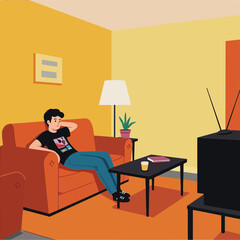 A relaxed man watching television in a cozy living room with vibrant colors flat vector art