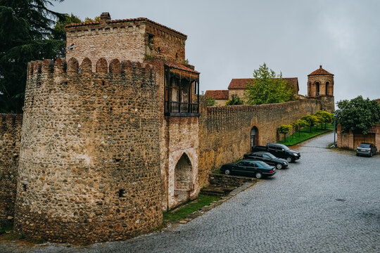 Telavi, Georgia - October 1st 2021: View on the brick ramparts of Batonistsikhe, the medieval fortress of the capital city of Kakheti, Telavi (Georgia)
