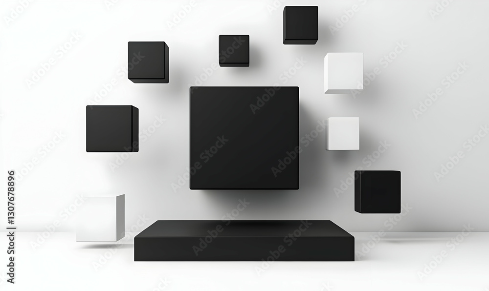 Poster abstract display of floating black and white cubes in minimalist style