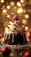 Delicious dessert topped with raspberry and chocolate chips in a festive setting with warm lights