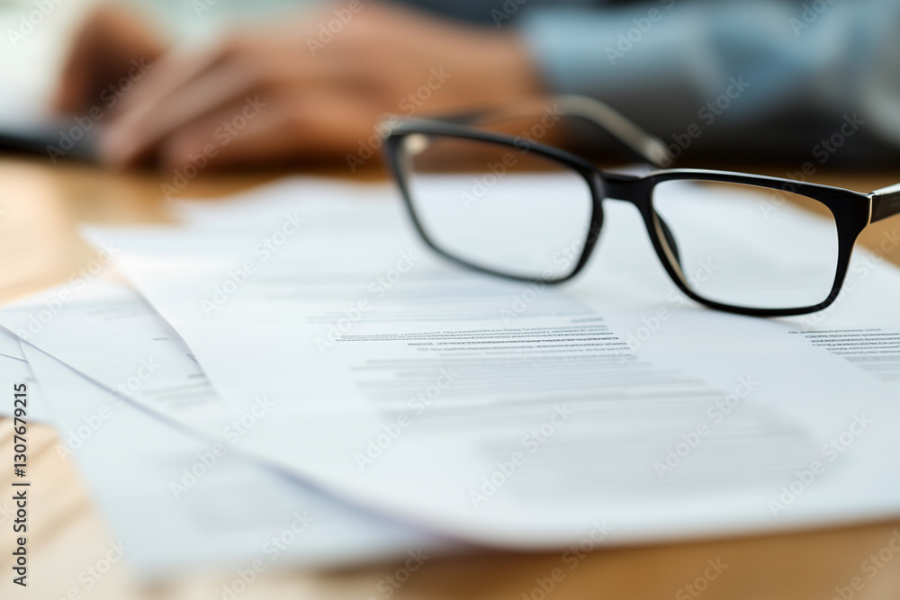 Poster person is typing on a keyboard with a pair of glasses on top of a stack of papers
