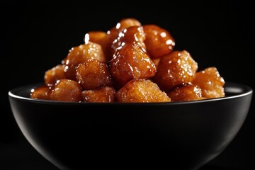 Sweet, golden-brown, bite-sized, crispy, sugared treats in a dark bowl.