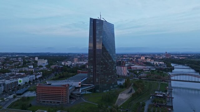 Aerial Drone View of the European Central Bank (Europ&auml;ische Zentralbank), Located Along the Main River in Frankfurt, Germany 