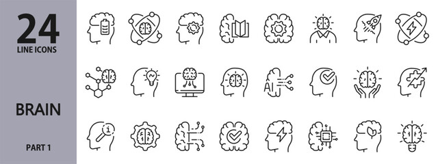 Brain line icons set with Mind, AI, Intelligence, Head, Thinking, Brainstorming, Creative and more. Editable Stroke