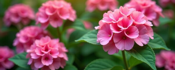 Obraz premium Close-up of hortensia pink flowers in full bloom with green leaves, floral, colorful, petals