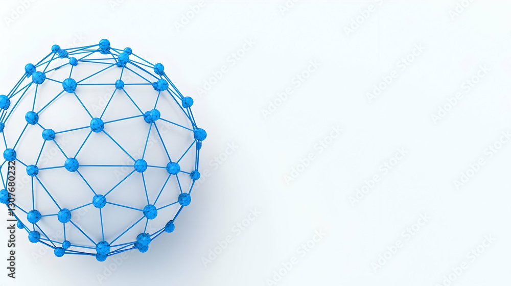 Poster blue abstract sphere with connecting nodes and lines over white background