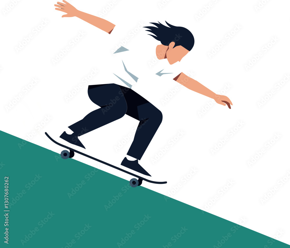 Poster skater performing tricks on a sloped ramp in minimal flat vector art style showcasing dynamic moveme