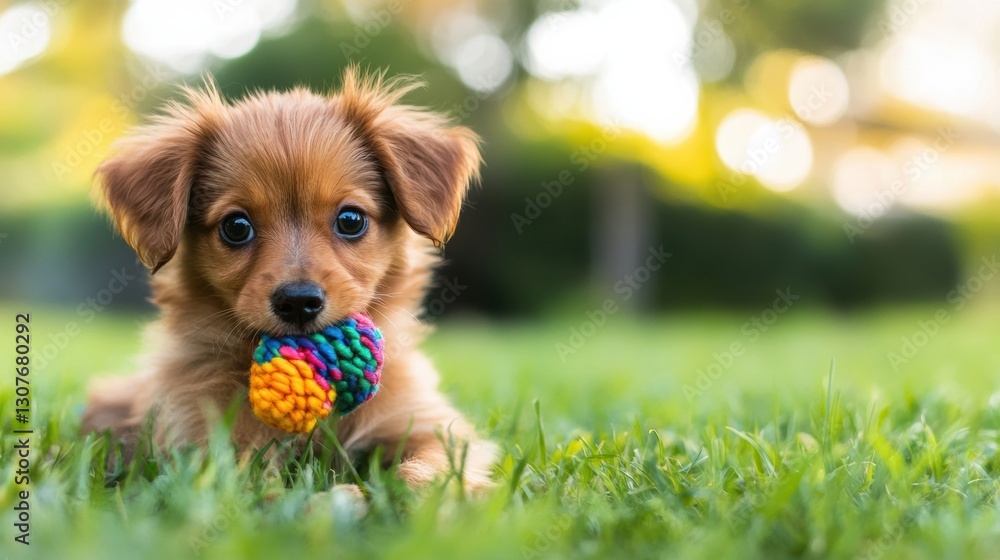 Aufkleber playful puppy enjoying a colorful chew toy on lush green grass in natural light generative ai