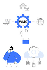 Hand pointing at WMS in gear, connected to warehouse, trolley, globe, and documents man thinking below. Ideal for logistics, supply chain, decision-making, technology efficiency inventory flat