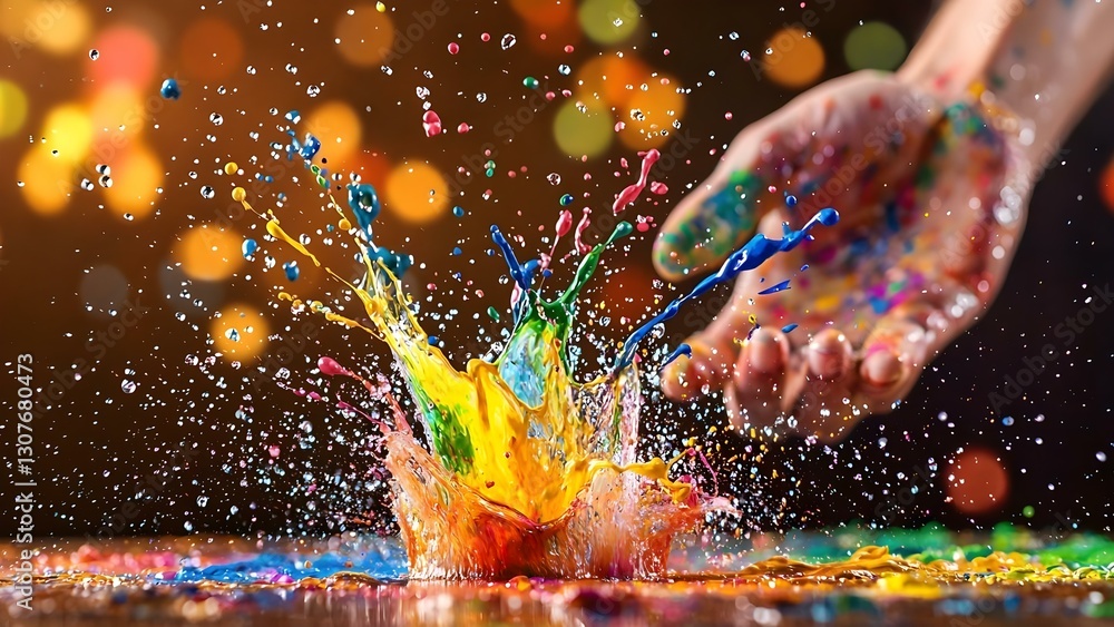 Poster a vibrant splash of colorful paint with a hand reaching towards it, creating an artistic and dynamic