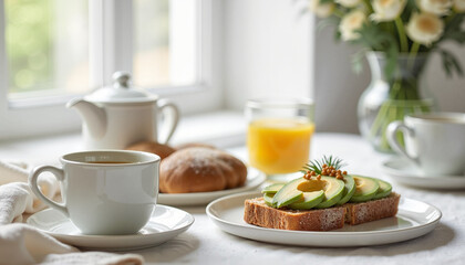 Healthy breakfast with avocado toast, tea, and orange juice