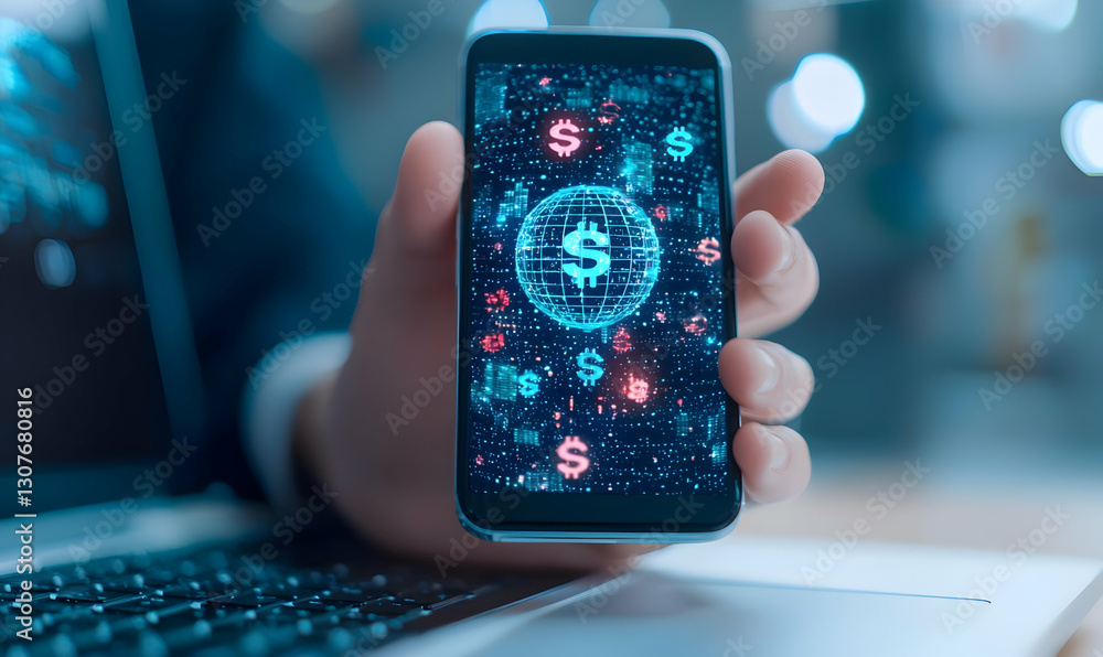 Poster digital financial technology concept with smartphone and data graphics