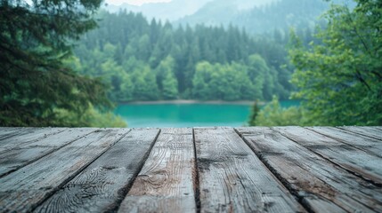 Serene rustic tabletop overlooking a tranquil lake and forest