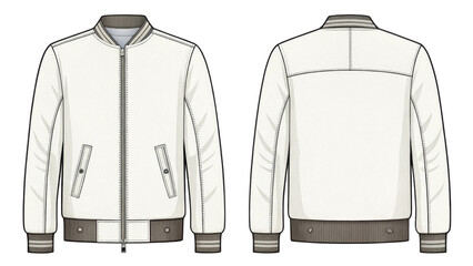 White Bomber Jacket Flat Sketch, Front and Back View, Isolated on Transparent Background, Apparel Design, Fashion Illustration, jacket, apparel, fashion