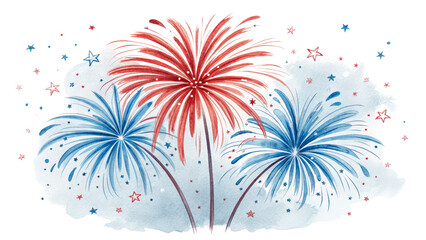 Watercolor Fireworks Illustration Red, White, and Blue Festive Design Isolated on Transparent Background, Independence Day, 4th of July, Patriotic, Firework, Celebration