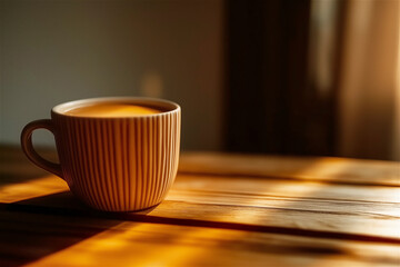 Minimalist coffee cup on wooden surface, capturing essence of simplicity and design. Golden light creates elegant, contemplative mood.