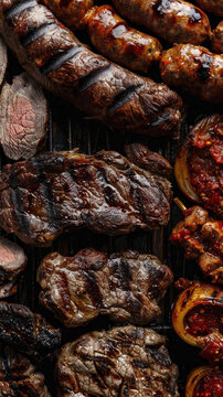 Close-up of Argentinian Parrillada with charred steaks, sausages, and morcilla.
