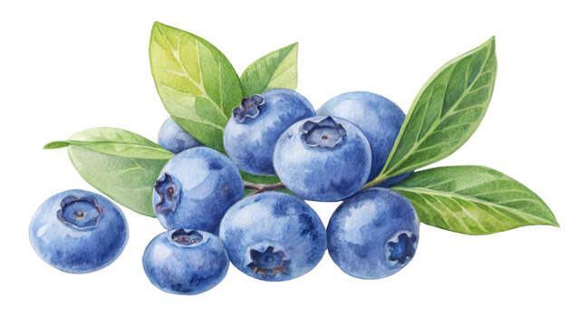 Watercolor Blueberries with Leaves Cluster, Isolated on Transparent Background, Botanical Illustration, Fresh Fruit, Blueberries, Watercolor, Clipart