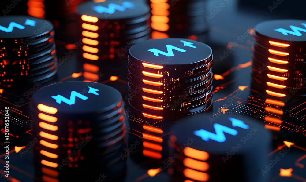 Poster digital coins on circuit board with neon elements and dark background