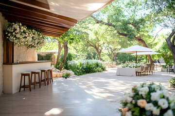 Outdoor wedding reception setup in a lush garden, featuring a bar and guest seating under shade trees. Ideal for event planning websites or wedding publications