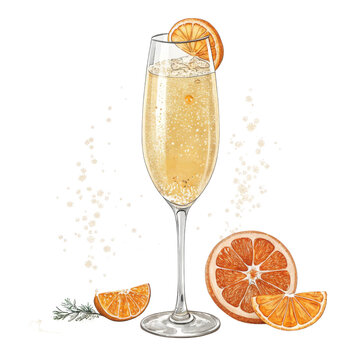 Hand-drawn Mimosa Illustration, Champagne Cocktail, Orange Slices, Isolated on Transparent Background, , Cocktail, Drink, Graphic